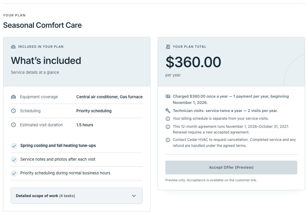 IKOK maintenance proposal showing fictional Seasonal Comfort Care, two visits, annual billing, a 12-month term and custom renewal and cancellation wording