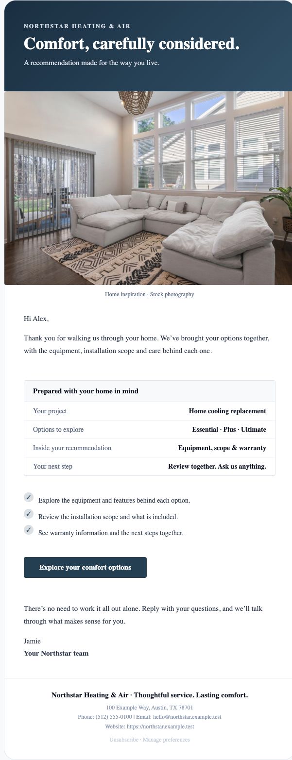 Actual navy Northstar quote email with a licensed living-room photograph, comfort options and project details.