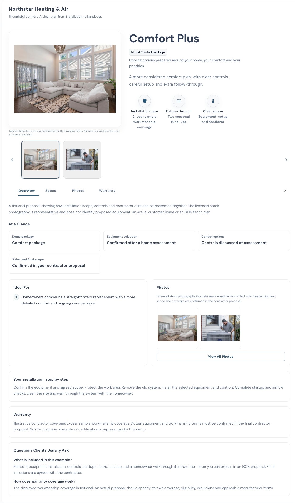 Customer-facing IKOK offering with equipment, specifications and installation detail, using fictional demo records.