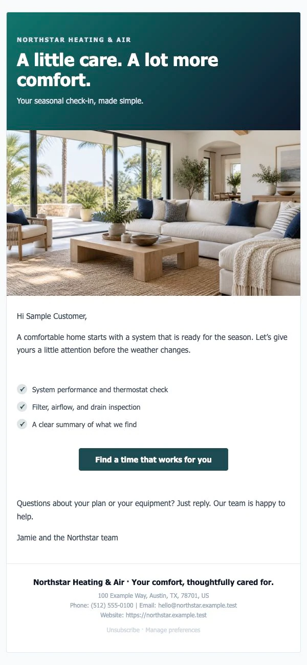 A branded customer email created with IKOK Email Studio for the fictional Northstar Heating and Air company.